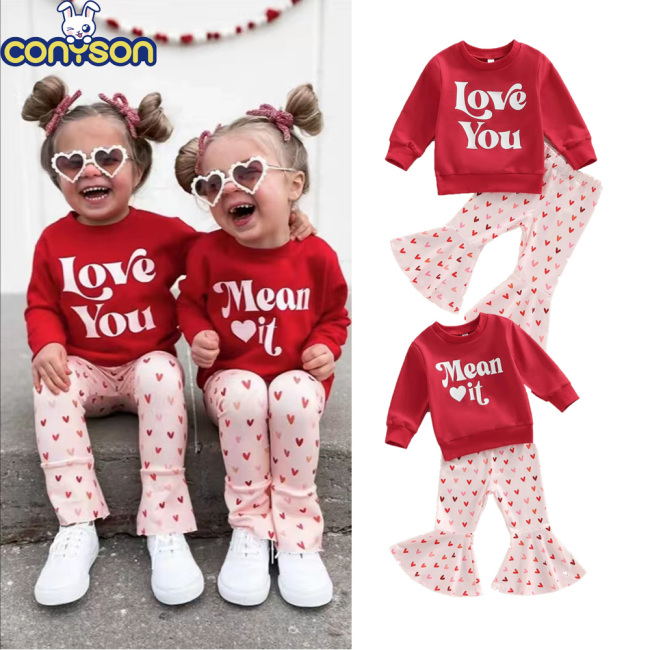 Conyson New Arrival Spring Autumn O-neck Long Sleeve Letter Hoodie Love Bell Bottom Sweet Style 3-8yrs Kids Girls Two Piece Sets