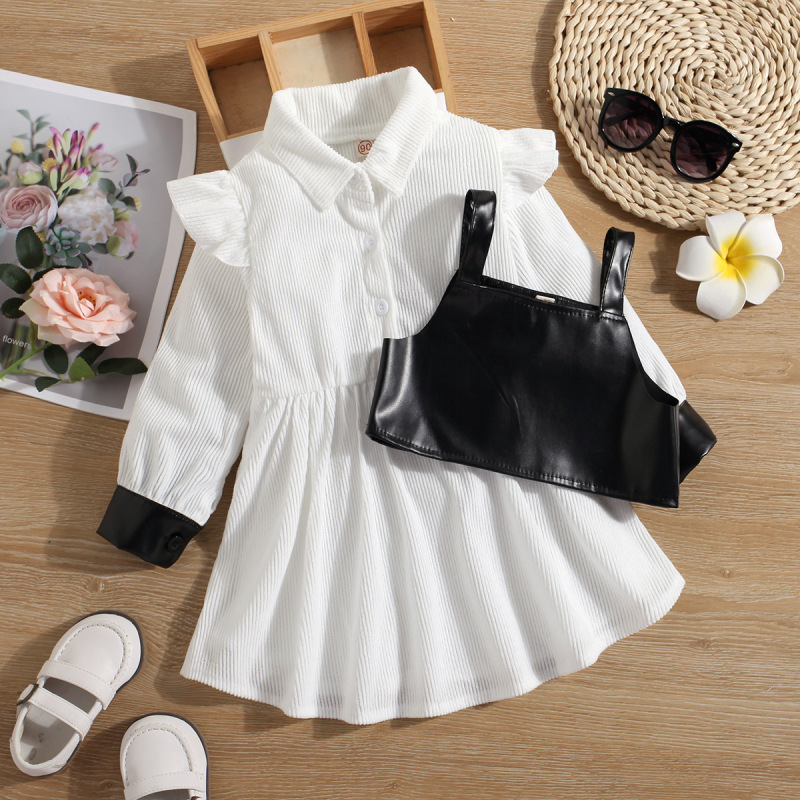 Conyson Wholesale Fashion Children Clothes Suits PU Leather Vest Long Ruffle Long Sleeve Knit Flower Dresses Baby Girls Outfits