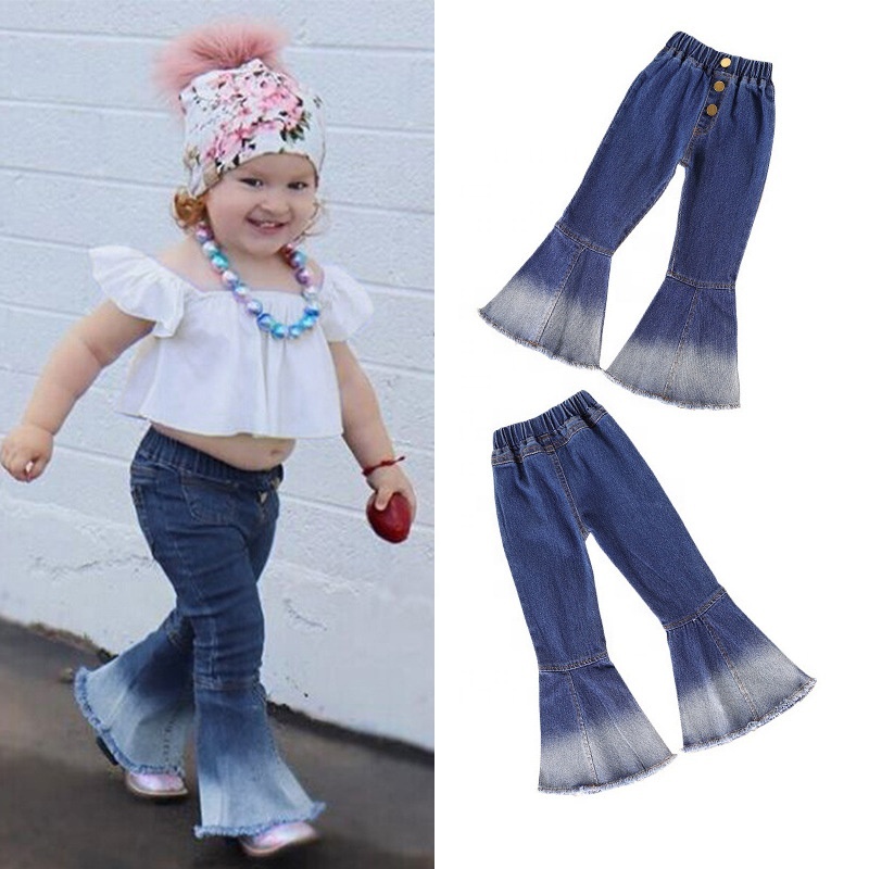 New Style Kids Bell Bottom Pants Navy Blue Elastic Denim Jeans Little Girls Flared Jeans