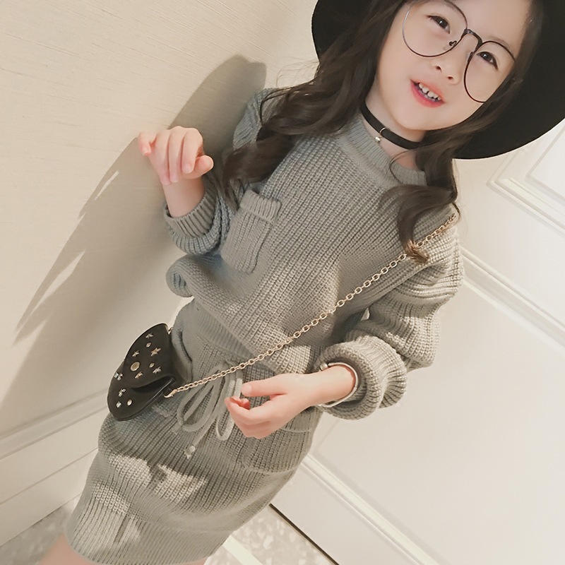 High Quality 2 Colors Cotton Knitted Sweater Top And Skirt Girls Two Piece Sweater Skirt Set