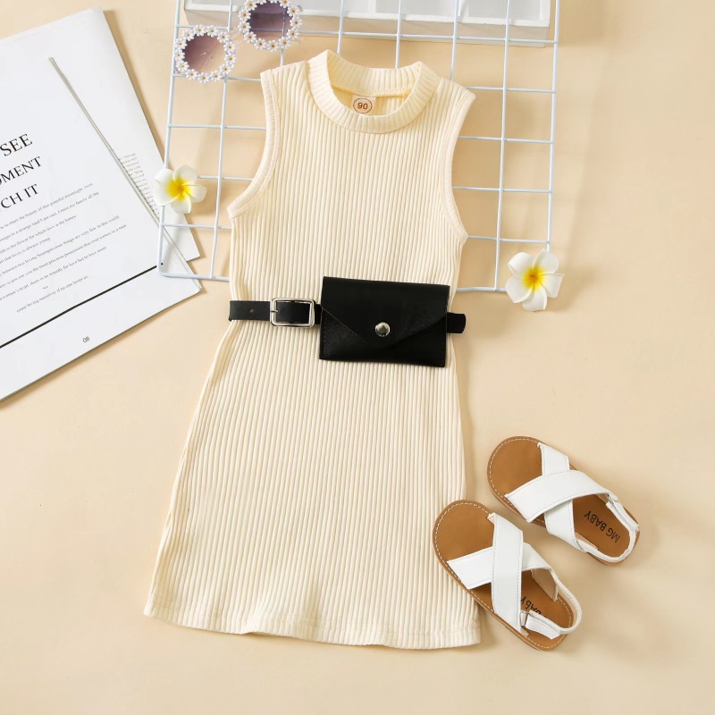 Conyson Kids Clothes Solid Color Round Neck Sleeveless Straight Knitted Dress Waist Belt Bag Set Summer Girls Dresses