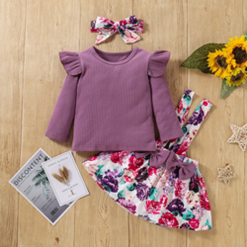 Hot Sale Girls long sleeve sets knitting ruffle tops+suspender skirt+headband 3PCs girls clothing sets baby clothes
