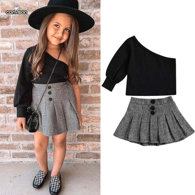 Conyson Toddler Girl One Shoulder Shirts Tops+Buttons Pleated Skirts 2pcs Set Baby Girls Long Sleeve High Waist Boutique Outfit