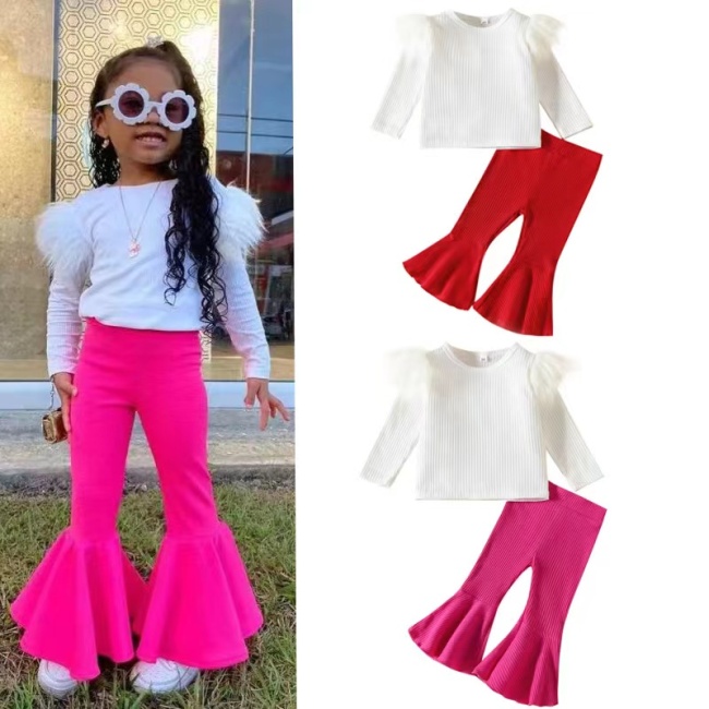 Conyson Baby Girl Clothes Set Tops+ Solid Bell-bottomed Pants Children Outfits Flared Pants Outfits Kids Clothes Girls Set