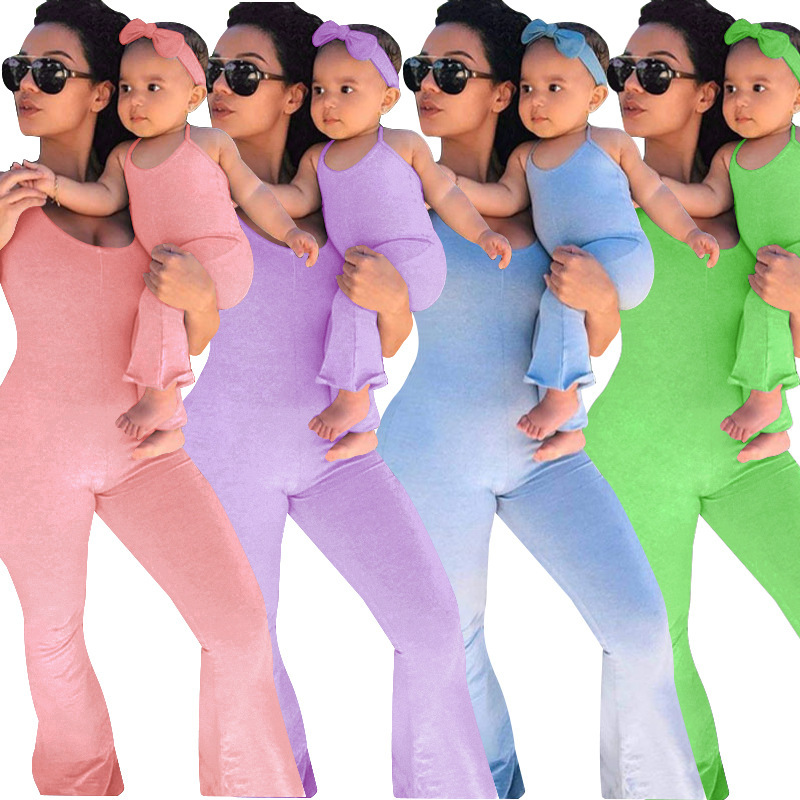 2022 Solid Color Top Sling Jumpsuit Mommy and Me Outfits Pullover Crewneck Sweatshirt Family Clothing Mother and Daughter Sets