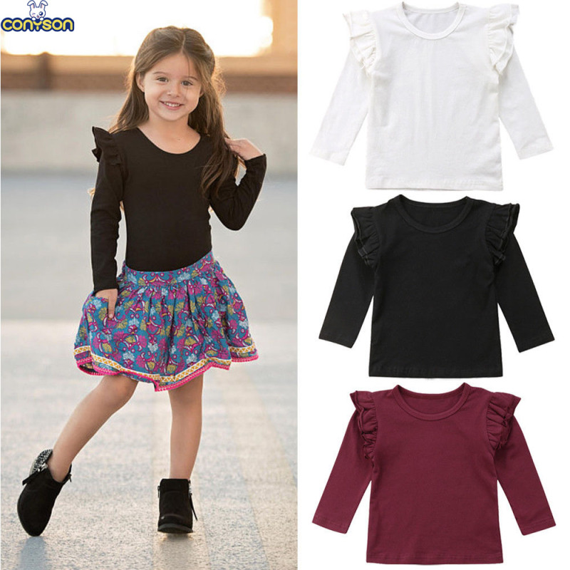 Conyson Wholesale New Toddler Kids Baby Girls Autumn Clothes Tops Long Sleeve Pullover Ruffles Solid Cotton T-Shirts Tops Outfit