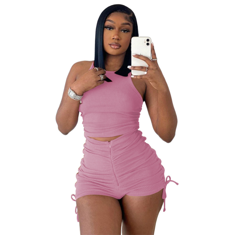 Bulk New Design Shirring 2 Piece Set Workout Summer 2023 Puff Short Cozy Women Jogger Matching Street Sets Women Sexy  Sets