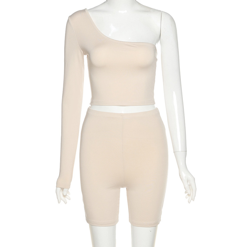 Summer Sports Women Suit Top Off Shoulder Top Two Piece Short Sets Irregular Personality Fitness Tracksuit