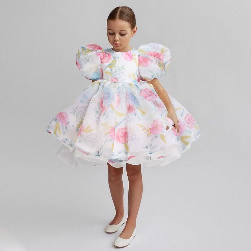 Conyson Elegant Girls Flower Puff Sleeve Dresses For Weddings Kids Formal Birthday Party Fairy Princess Cloth Children Tulle Set
