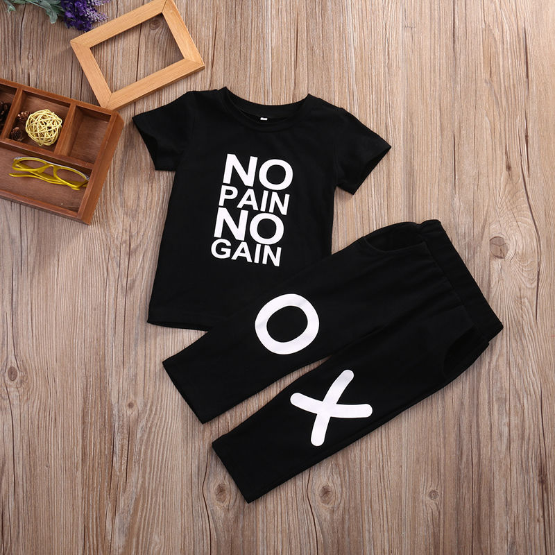 Conyson Summer Cotton Sweats Letter Printed Top+Long Pants Soft T-shirt Suit Sets Black 1-7Y Kids Boys Outfits Sets