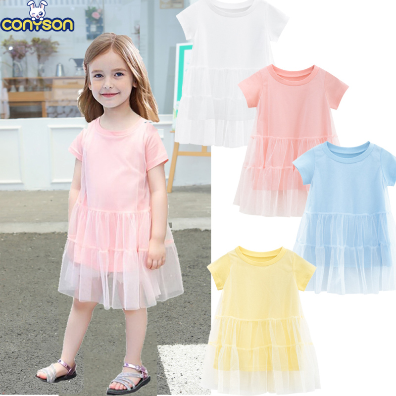 Conyson Boutique Summer Kids Clothes Children Clothes Baby Girls Princess Casual Layered Solid Skirt Puffy Short Sleeve Dress
