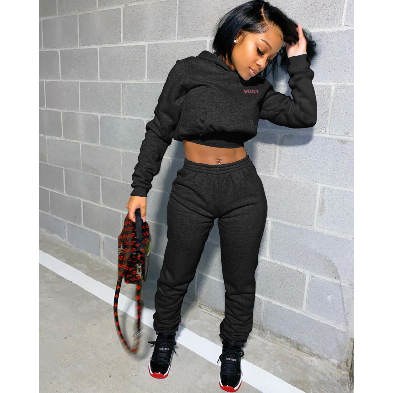 Conyson Custom Logo Designer Solid Fashionable Long Sleeve Letter Printed Sweatshirt Casual Pants Hoodies Jogger For Women Sets