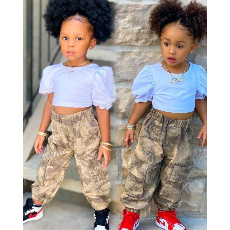 Conyson Wholesale Summer Kids Clothes Short Sleeves Ruffles Princess Fantasy Casual Tops Camouflage Print Clothing Sets Kids