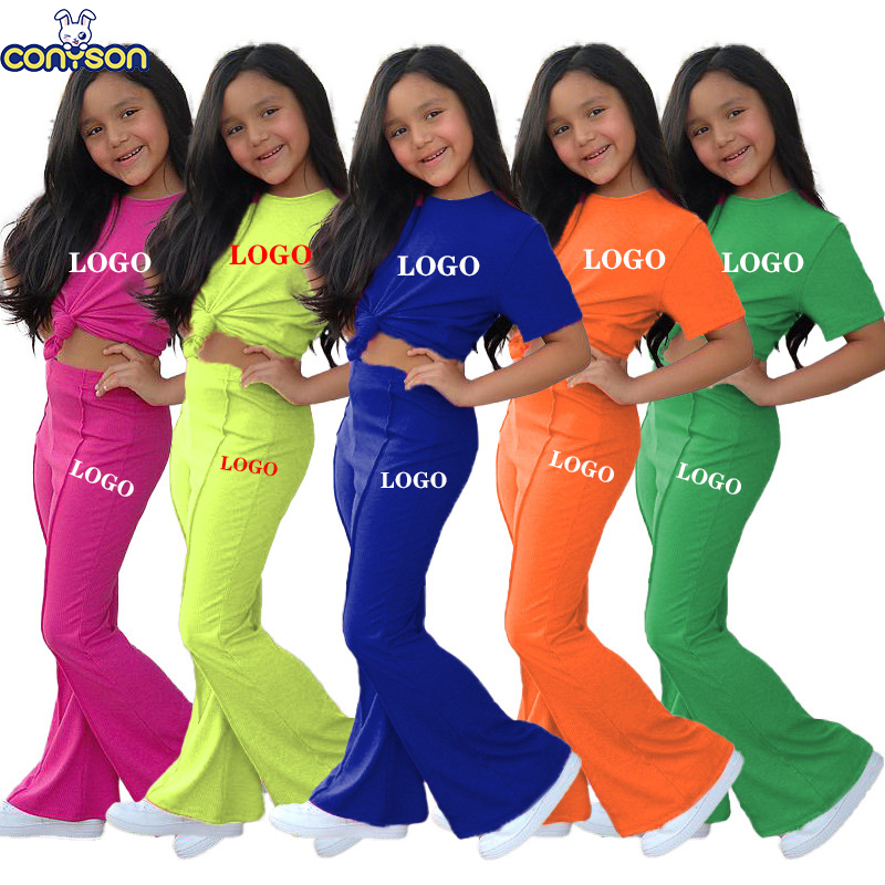 Conyson 2023 Custom New Arrive Hot Sale Fashion Solid Color Designer Boutique Outdoor Flared Pants Girl Kids Clothing Shirt Sets