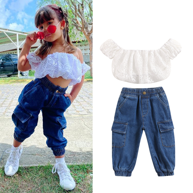 Conyosn New Hot Sale Summer Fashion Baby Girls Clothes Sets 2pcs Lace Floral Off Shoulder Short Sleeve T-Shirts Blue Denim Pants