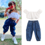 Conyosn New Hot Sale Summer Fashion Baby Girls Clothes Sets 2pcs Lace Floral Off Shoulder Short Sleeve T-Shirts Blue Denim Pants