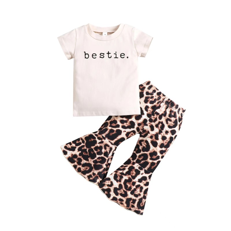 Conyson Baby Girl Clothes Set T-shirt Tops+ Leopard Print Bell-bottomed Pants Flared Pants Outfits Kids Clothes Girls Set