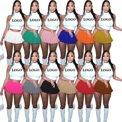 Conyson Custom Logo High Quality Solid Color Plus Size Street Sexy Shorts Sleeveless Sweatsuit Women Pleated Skirt 2 Pieces Sets