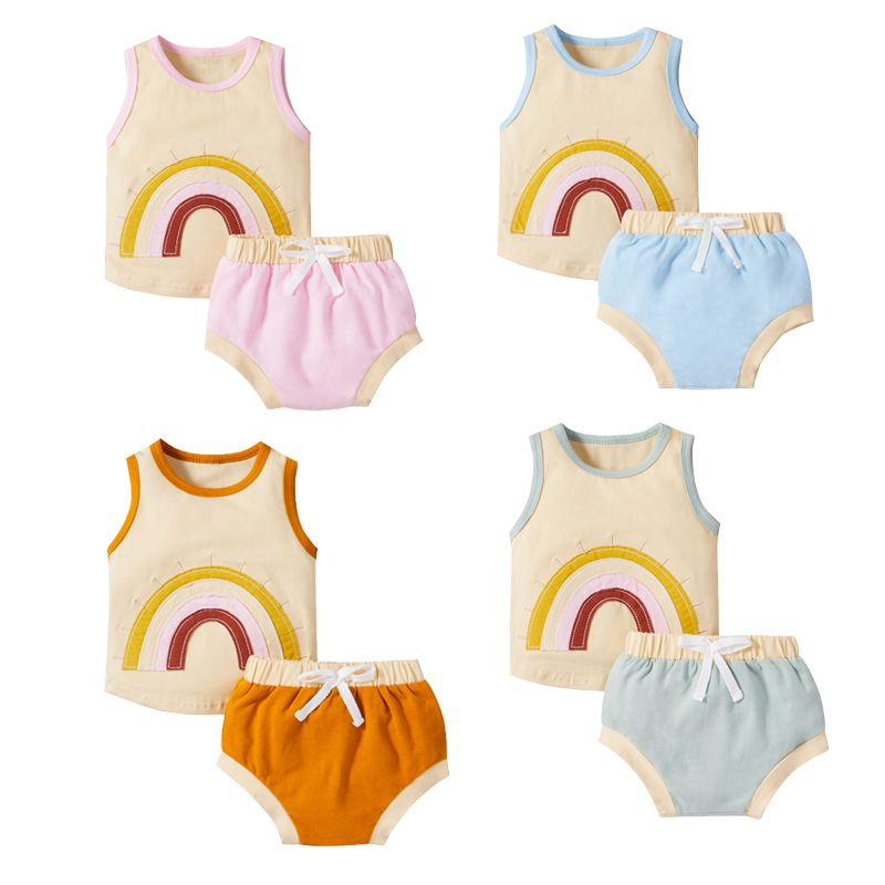 Conyson  Newborn Baby Girls Boys Clothes Sets Kids Clothes Custom Cotton Colors Rainbow Print Sleeveless Vest Tops Shorts Sets