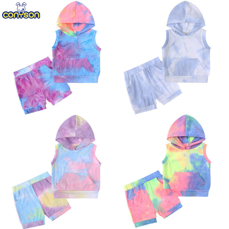Conyson Hot Sale Unisex Summer Toddler Baby Kids Clothing Set Newborn Boys and Girls Outfit Sleeveless 2Pcs Tie-dyed Clothes Set