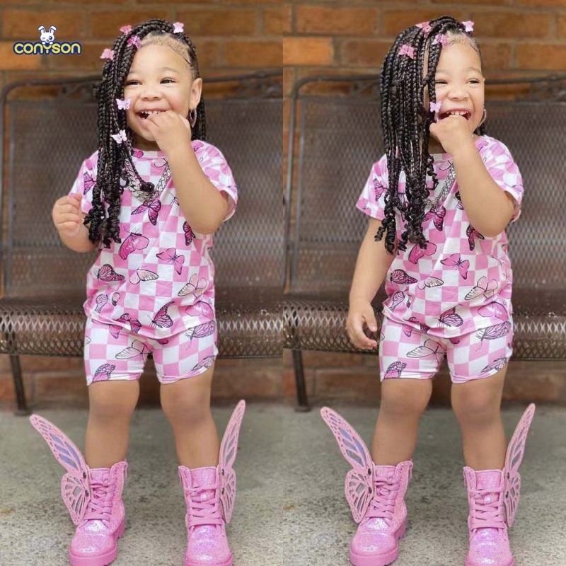 Conyson Baby Girls Cute Butterfly Print Suit Short Biker Leopard Print Summer Clothing Set Outfits For Kids Designer Clothes