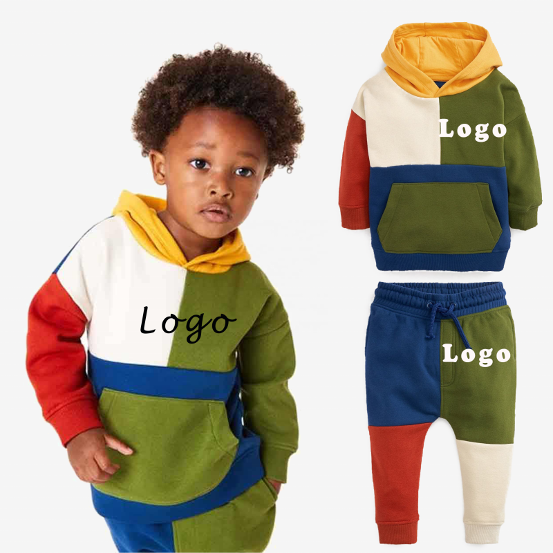 Conyson Wholesale Custom Autumn Winter Long Sleeves Patchwork Fleece Unisex Logo Sports Tracksuit Hoodies Kids Clothes Sets Plus