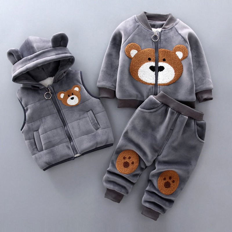 Conyson Autumn Winter Baby Boys Clothes Sets Thick Fleece Cartoon Bear Jacket Vest Pants 3Pcs Cotton Sport Suit For Girls Warm