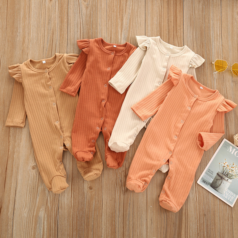 Fashion Hot Sale Solid Colornewborn Girls Boys Button Jumpsuit Cotton Long Sleeve Clothes Baby Boy Suits Set