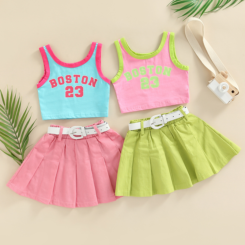 Conyson Wholesale Fashion Little Girls Kids Clothes Sets 2pcs Letter Patchwork Sleeveless Causal Vest+Solid Pleated Skirts+Belt