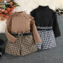 Conyson Hot Wholesale Autumn Winter Turtleneck Cratered Knitting Houndstooth Lattice 3-8 Yrs Baby Girl Shorts Two Pieces Set