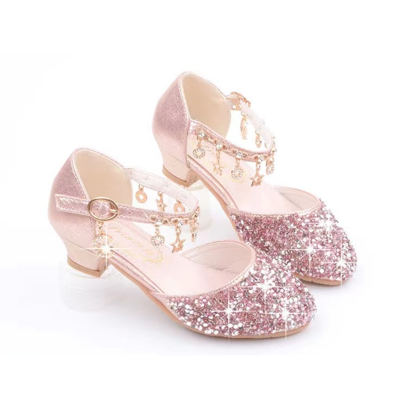 Conyson High Quality Overstocked Leftover Korean Style Pure Color Shiny Sequins Kids Girls Performance High-heeled Shoes