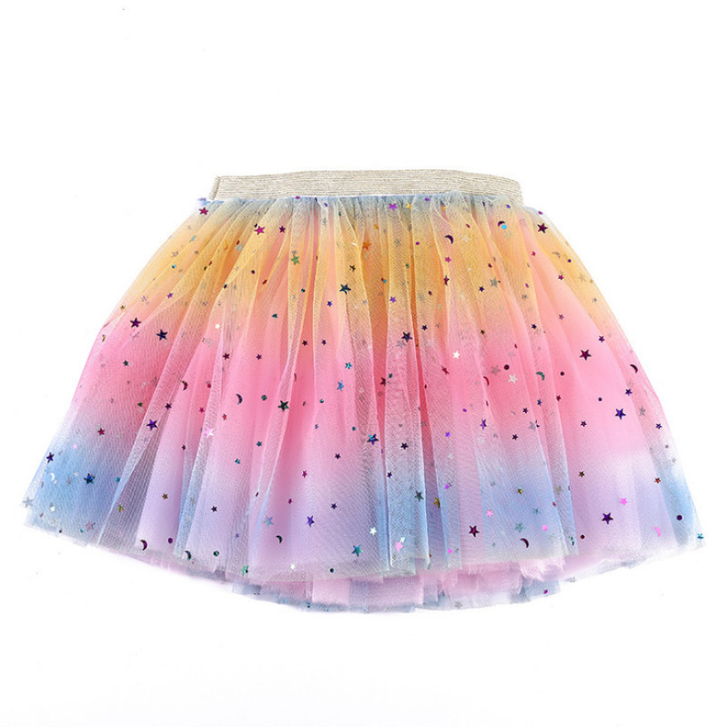Conyson Hot Sale Summer Kids Clothing Korean Children Skirts Glitter Rainbow Stars Moons Embroidery Dance Gauze Tutu Short Dress