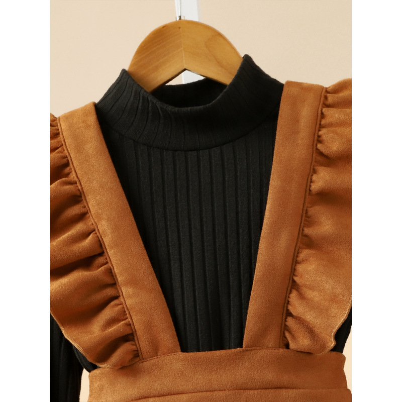 Conyson Boutique Kids Clothes Sweater Brown Strap Skirt 3 Pcs Children Girl Suits Cotton Solid Top Elegant Dresses With Belt Set