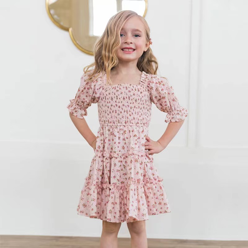 Conyson New Arrivals Summer Fashion Shirring Design Square Collar Sweet Puff Sleeve Lattice Floral Girl Formal Princess Dress