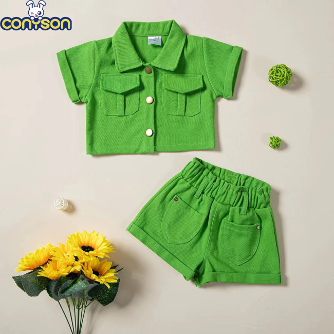 Conyson Low MOQ Wholesale Comforter Kids Sets Two Piece 3-8 Years Of Age Summer Short-sleeved Solid Color Girls Clothing Set