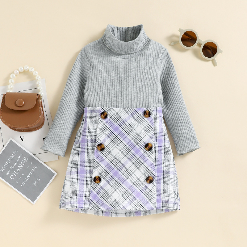 Baby Girl Dress Sets High Collar Knitted T-shirts Sweater Plaid Double Breasted Short Skirt Two Pieces Suits