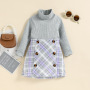 Baby Girl Dress Sets High Collar Knitted T-shirts Sweater Plaid Double Breasted Short Skirt Two Pieces Suits