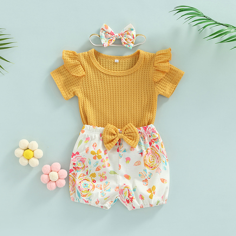 Conyson Summer Cute Baby Girls Summer 3Pcs Clothes Sets Solid Color Short Sleeve T-shirt + Floral Lantern Shorts Headband Sets