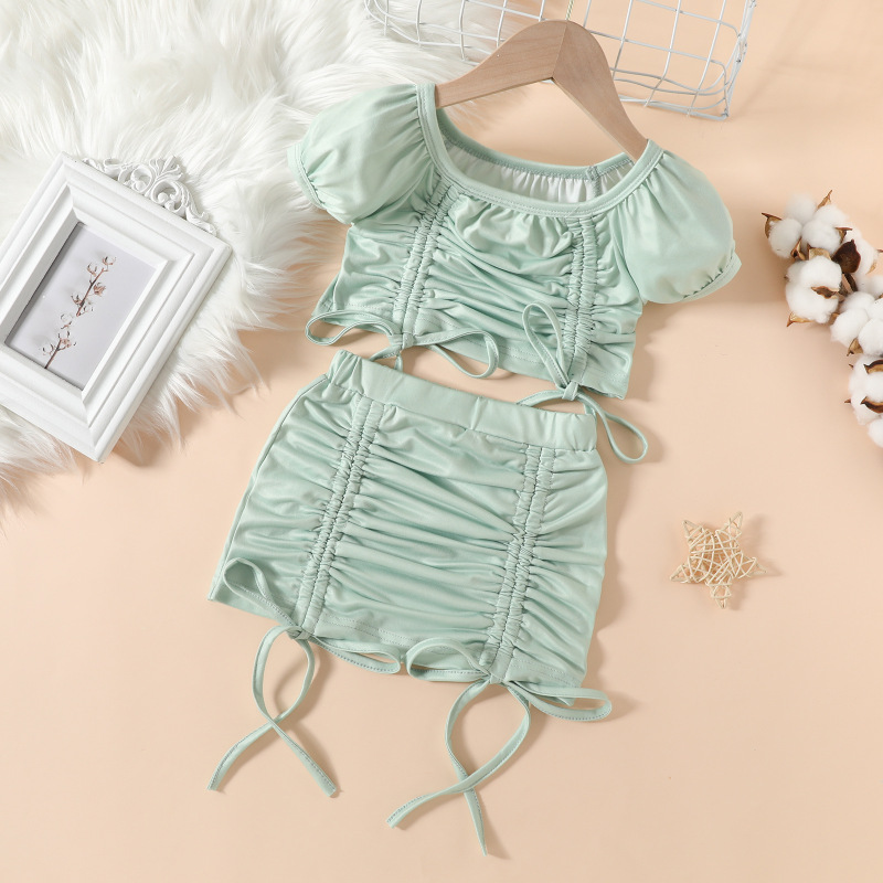Conyson Wholesale Fashion Toddler Kids Girls Clothes Sets Summer Solid Tie-Up Straps Sleeve Crop Tops + Elastic Waist Ruffles
