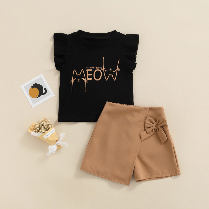 Conyson Summer Children Girls Sleeveless Skits Sets Printing T-Shirts Solid Bow Shorts Twp Piece Kids Girl Clothing Suits