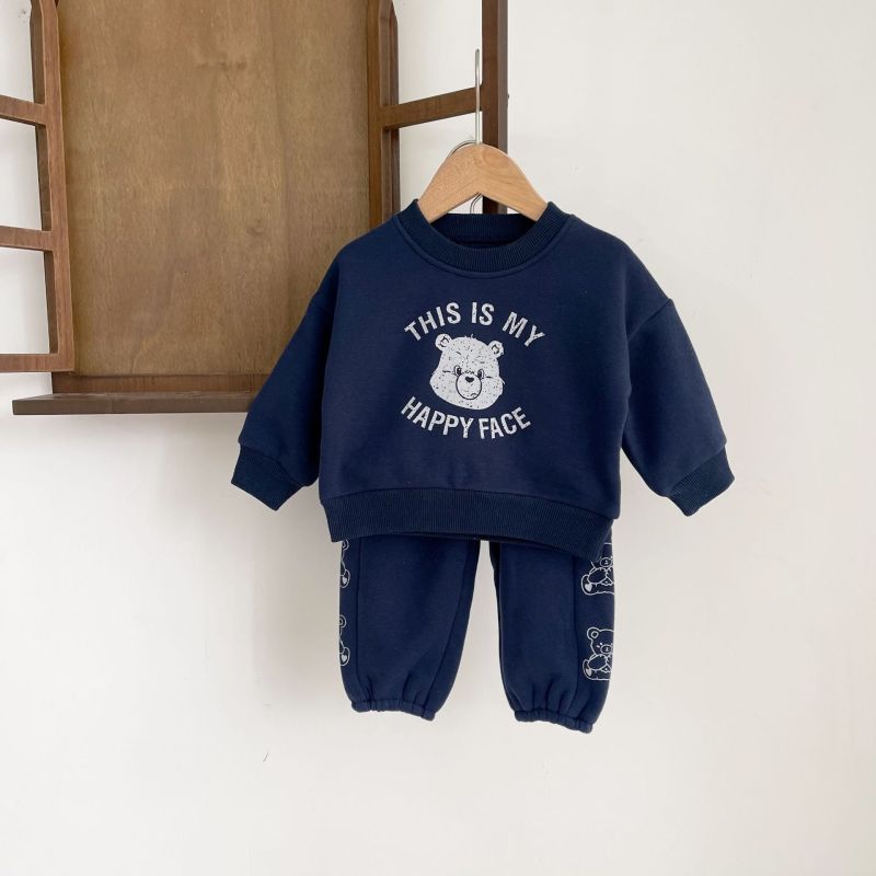 Wholesale Autumn Winter Cute Bear Round Collar two piece Plush warm sports tracksuits Sweater Baby clothing Set