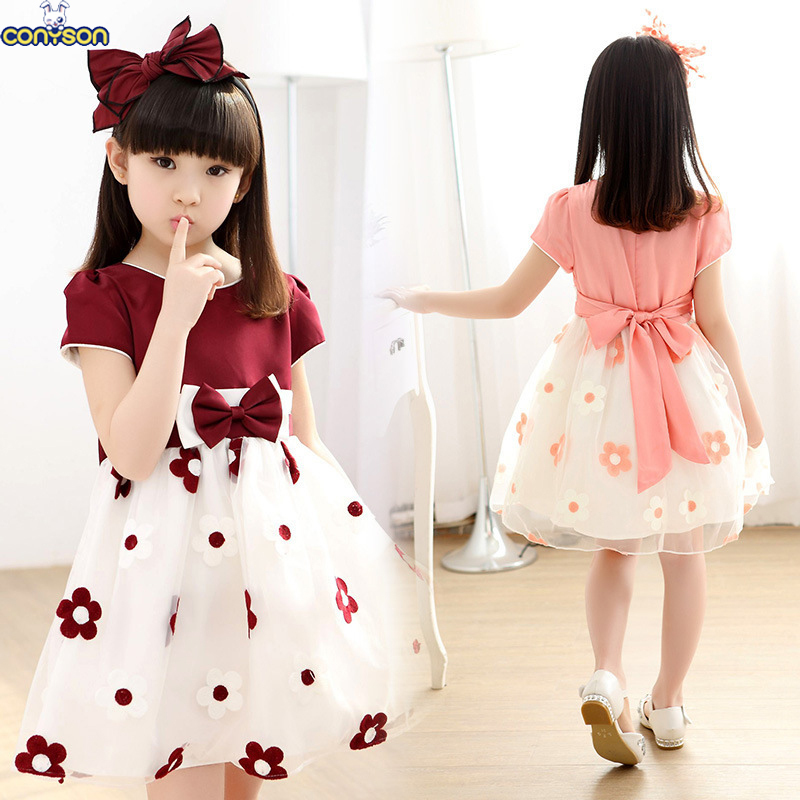 Conyson hot sale summer leisure polyester Girls Dress print casual bowknot pure color Girl sunflower Dress Korean Girl Dresses