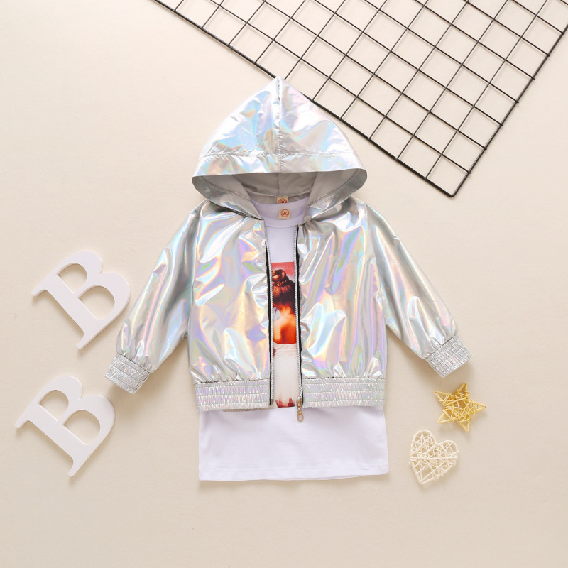 Conyson Wholesale Hot Autumn Bright Gold Stamping Hooded Coat + Long Sleeve Cartoon Printed T-shirt Skirt 2pcs Girls Clothes Set