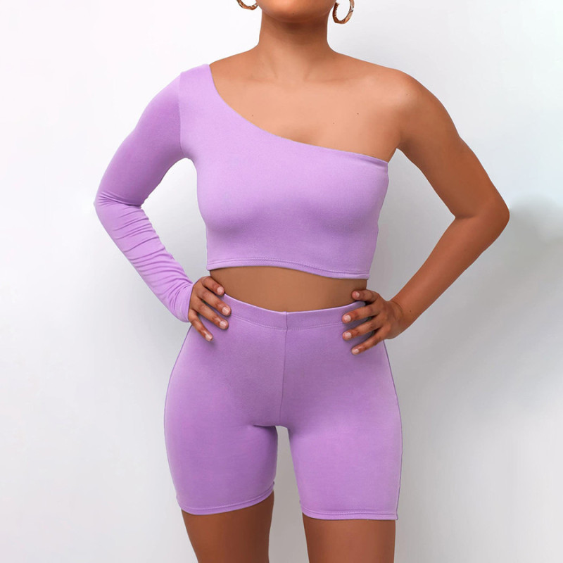Summer Sports Women Suit Top Off Shoulder Top Two Piece Short Sets Irregular Personality Fitness Tracksuit