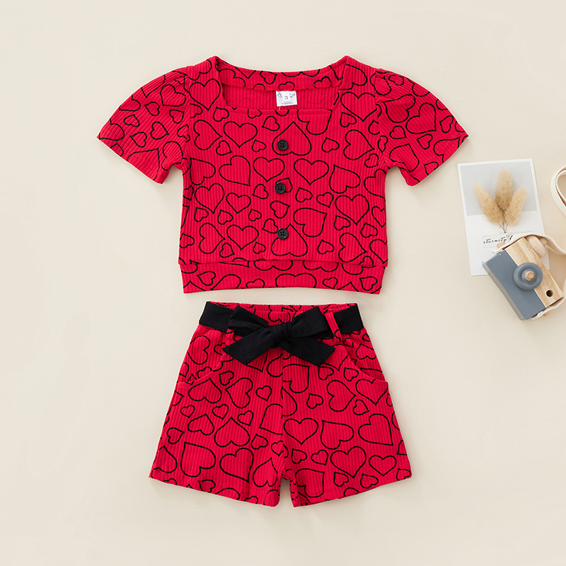 Conyson Fashion Kids Girls 2pcs Clothes Sets Love-heart Printed Ribbed Square Neck Short Sleeve T-shirts Shorts Casual Outfits