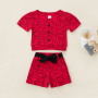 Conyson Fashion Kids Girls 2pcs Clothes Sets Love-heart Printed Ribbed Square Neck Short Sleeve T-shirts Shorts Casual Outfits