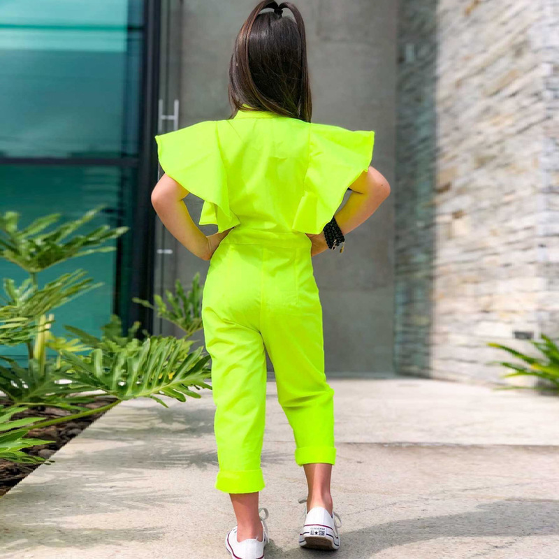 Conyson Wholesale Hot Kids Clothes Summer Short Flying Ruffles Sleeves Zipper One Piece Little Girls Jumpsuit Casual