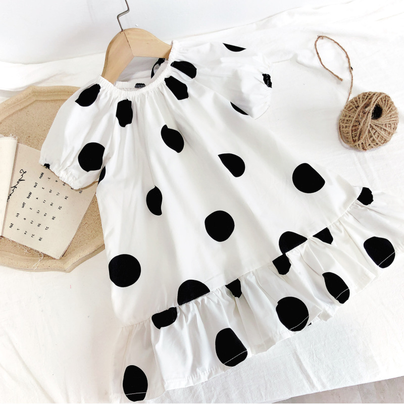 wholesale Cotton Fabric 2021 Summer Girls White Speckled Round neck narrow cuff Ruffle Dress With Short Sleeve