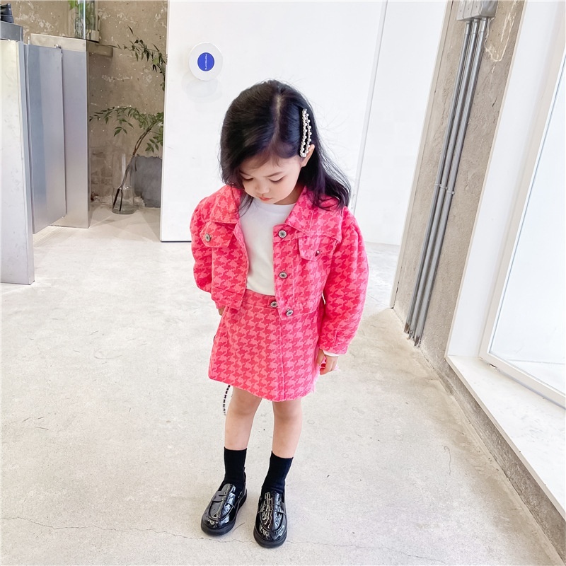 Conyson high quality Latest korea Style Short Skirt Set Fashion Toddler Girl Pink Printed Kids Cardigan 2-pieces clothing Set