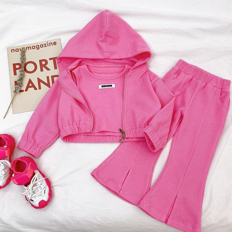 Conyson Casual Summer Kids Girl Sports Clothes Zip Hoddie Set Cotton Flared Cotton Pant Vest 3pcs Outfits Girls Tracksuit Suits